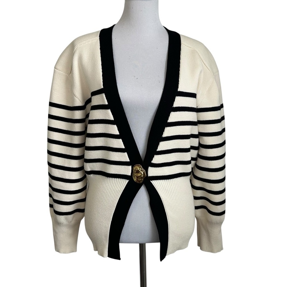 Urban Revivo Womens Striped Knit Cardigan Sweater Sz Lg Black Cream Gold Button - Picture 2 of 11